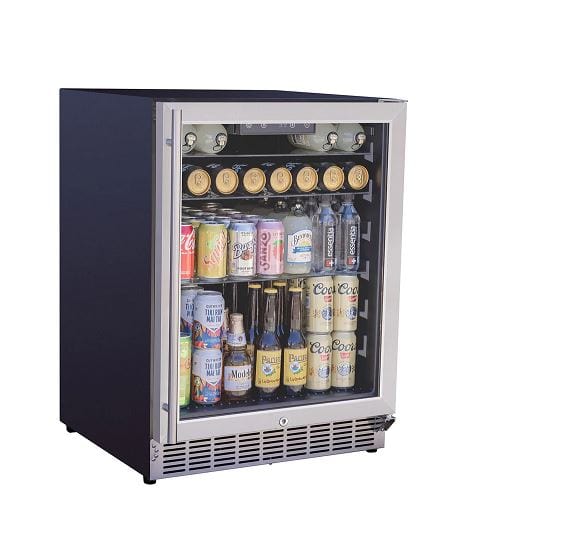 Glass-front refrigerator displaying neatly organized beverages, including cans and bottles, with interior lighting and adjustable shelves.