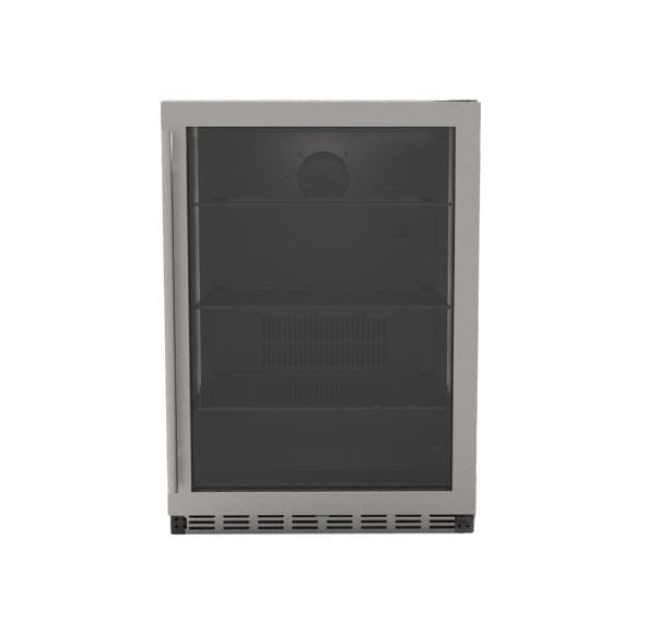 Front view of a sleek glass-door refrigerator with empty shelves and a vented base panel, designed for modern kitchen settings.