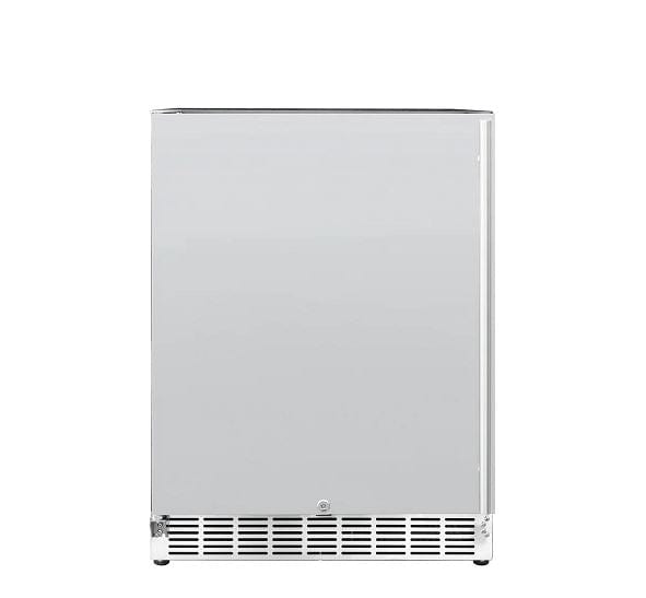 Front view of a stainless steel refrigerator with a bottom vent panel, featuring a clean and minimalist design for modern kitchens.