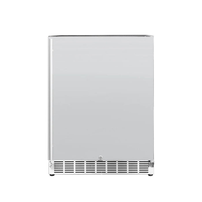 Front view of a sleek stainless steel refrigerator with a vented panel at the bottom, designed for modern and compact spaces.