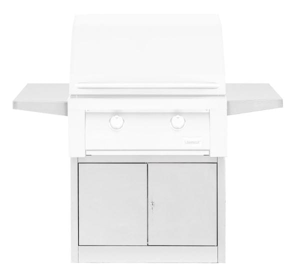 Stainless steel outdoor grill cart with two control knobs, side shelves, and double-door storage cabinet on wheels.