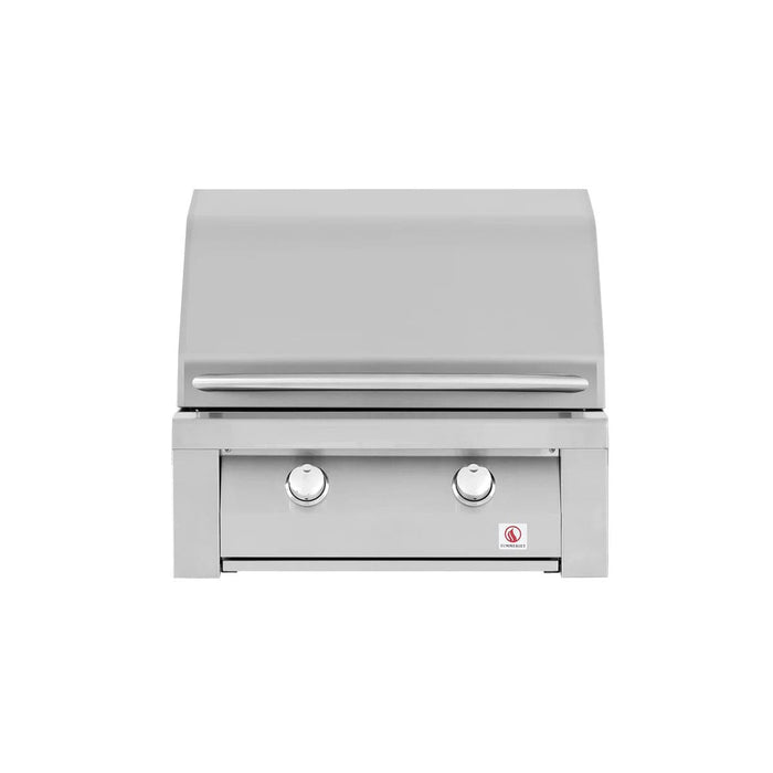 Front view of a stainless steel gas grill with a closed lid, two control knobs, and a minimalist design for outdoor cooking.