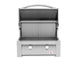 Stainless steel gas grill with the hood open, showcasing two control knobs, a grilling surface, and a sleek modern design.