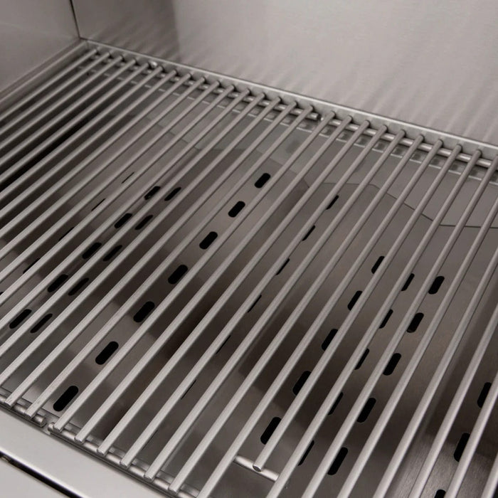 Close-up view of a stainless steel grill with parallel grates arranged uniformly, showing clean, polished surfaces and heat distribution elements below.