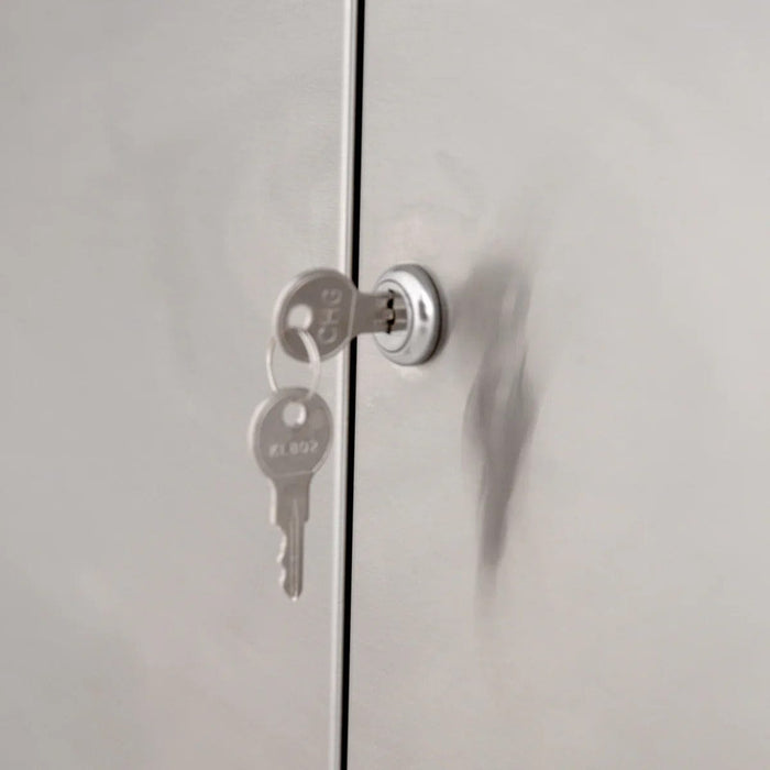 Close-up of a stainless steel cabinet door with a lock and two silver keys inserted into the keyhole.