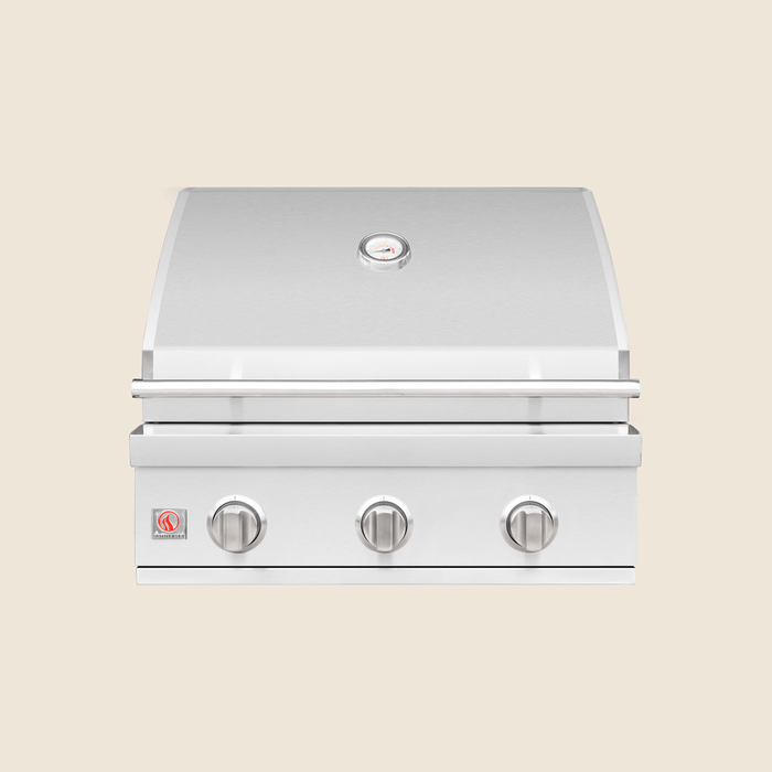 Stainless steel outdoor grill with closed hood, built-in temperature gauge, and three control knobs for precise heat adjustment.