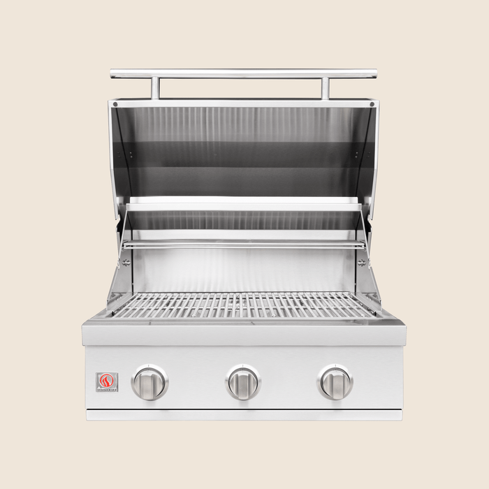 Stainless steel outdoor grill with open hood, three control knobs, and wide cooking grates for outdoor cooking.