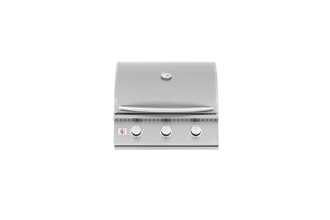 Stainless steel gas grill with closed hood, three front control knobs, and a temperature gauge centered on the hood.