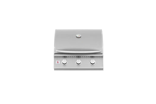 Stainless steel gas grill with closed hood, three front control knobs, and a temperature gauge centered on the hood.