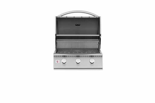 Stainless steel gas grill with open hood, three control knobs, a cooking grate, and an upper warming rack inside.