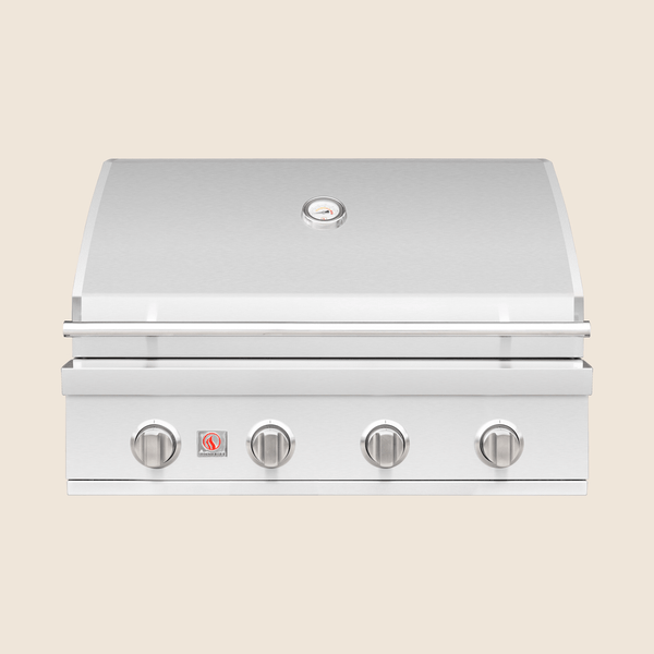 Stainless steel outdoor grill with closed hood, built-in temperature gauge, and four control knobs for heat adjustment.