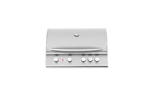 Stainless steel gas grill with four control knobs, a temperature gauge on the hood, and a sturdy handle for opening the lid.