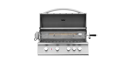 Stainless steel grill with open hood, rotisserie setup, grilling grates, and four control knobs on the front panel.