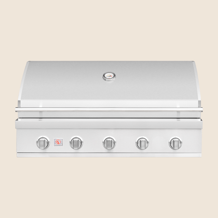 Stainless steel outdoor grill with closed hood, temperature gauge, and five control knobs for precise heat management.