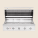 Stainless steel outdoor grill with open hood, spacious cooking grates, interior lighting, and control knobs for heat control.
