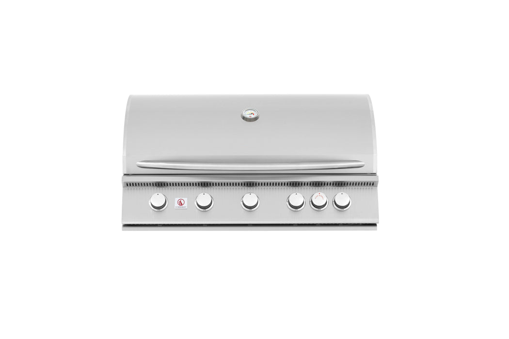 Stainless steel grill with closed hood, five control knobs, and a temperature gauge on the top center of the hood.