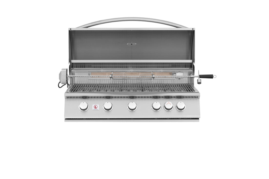 Stainless steel grill with an open hood, rotisserie rod, grill grates, and five control knobs at the front panel.