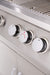 Close-up view of a grill's control knobs with a focus on the rear burner knob, set against a stainless steel surface.