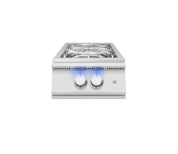 Stainless steel power burner with two blue-lit control knobs, heavy-duty grates, and a sleek, modern design.