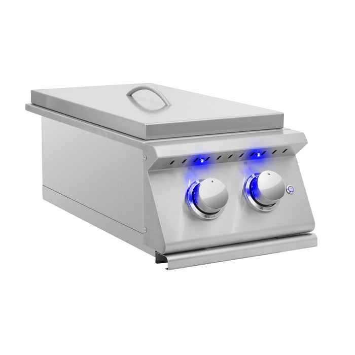 Stainless steel side burner with two control knobs lit by blue LED lights, a closed lid, and a sturdy design for outdoor cooking.