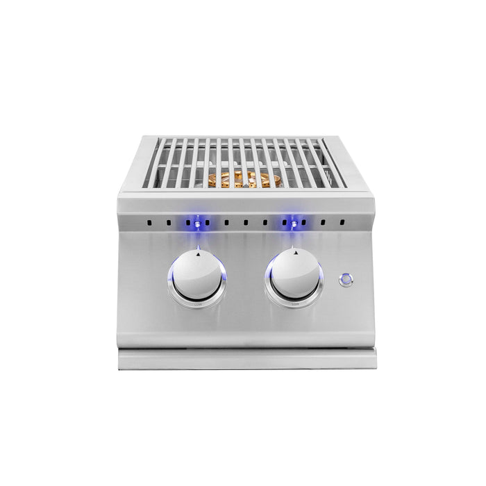 Stainless steel side burner with two large knobs illuminated by blue LED lights and a protective grate over the burners.