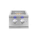 Stainless steel side burner with two large knobs illuminated by blue LED lights and a protective grate over the burners.