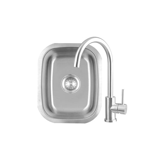 A stainless steel single-basin sink with a modern high-arc faucet and a single lever handle, designed for compact spaces.