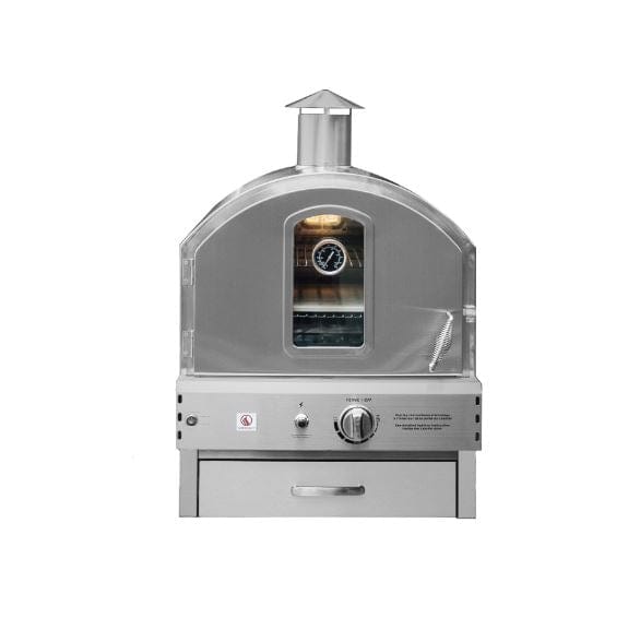 Stainless steel outdoor oven with a chimney, glass window, built-in thermometer, and a single control knob for temperature adjustment.