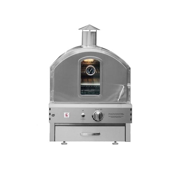 Outdoor stainless steel oven with chimney, glass window, built-in thermometer, control knob, and storage drawer beneath the unit.