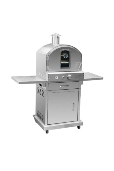 Stainless steel outdoor oven with side shelves, wheeled cart, temperature gauge on the front, and vented design for heat circulation.