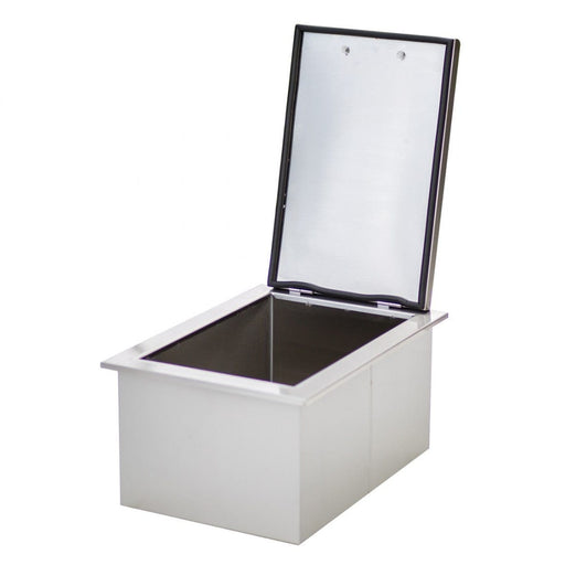 A stainless steel outdoor ice bin with an open hinged lid, showcasing its insulated interior for keeping beverages and ice cool.