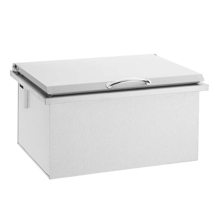 A stainless steel outdoor ice bin with a closed hinged lid and a sleek handle, featuring an insulated design for keeping items cool.