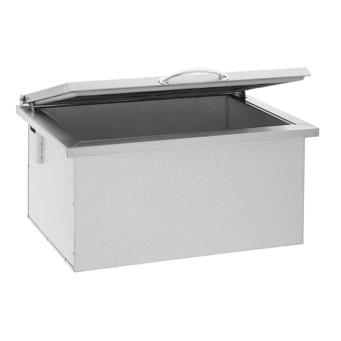 A stainless steel outdoor ice bin with a partially open hinged lid, showcasing its spacious insulated interior for cooling items.