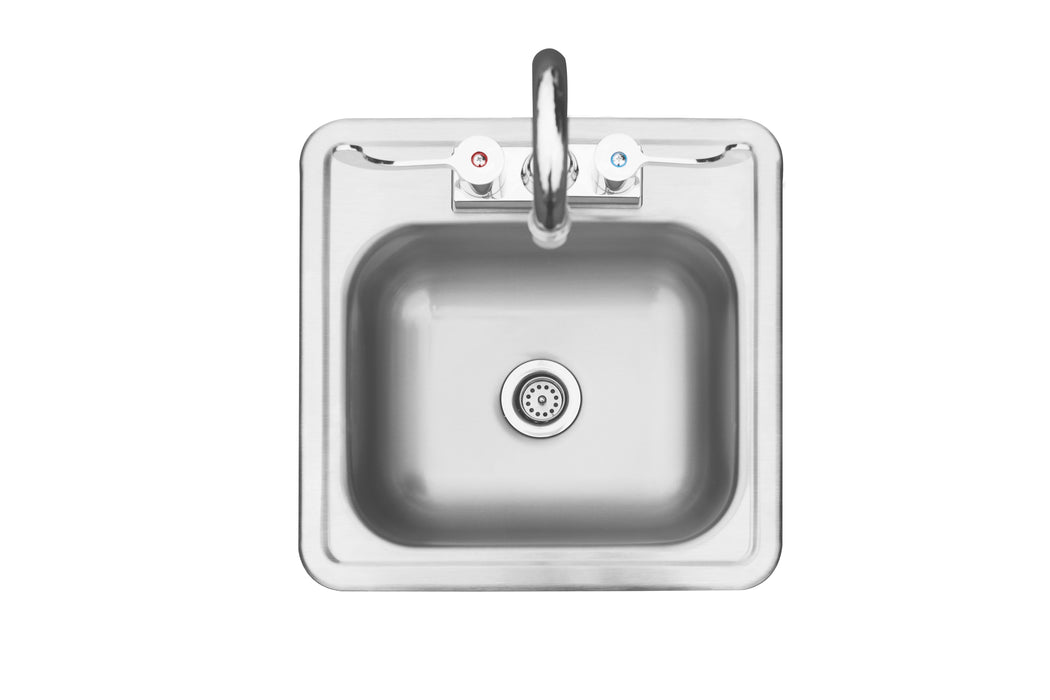 A stainless steel sink with a single basin, a faucet, and dual handles labeled for hot and cold water, designed for compact spaces.