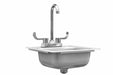 A stainless steel single-basin sink with a high-arc faucet, dual hot and cold handles, and an under-mount drain connection.