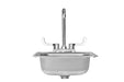 A stainless steel single-basin sink with a high-arc faucet, dual hot and cold handles, and an under-mount drain for installation.