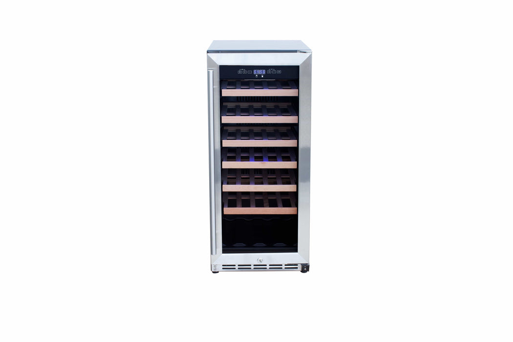 Front view of a wine cooler featuring stainless shelves, blue interior lighting, and a stainless steel frame with a glass door.