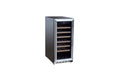 Modern wine cooler with a sleek glass door and stainless steel frame, featuring multiple shelves for wine storage.