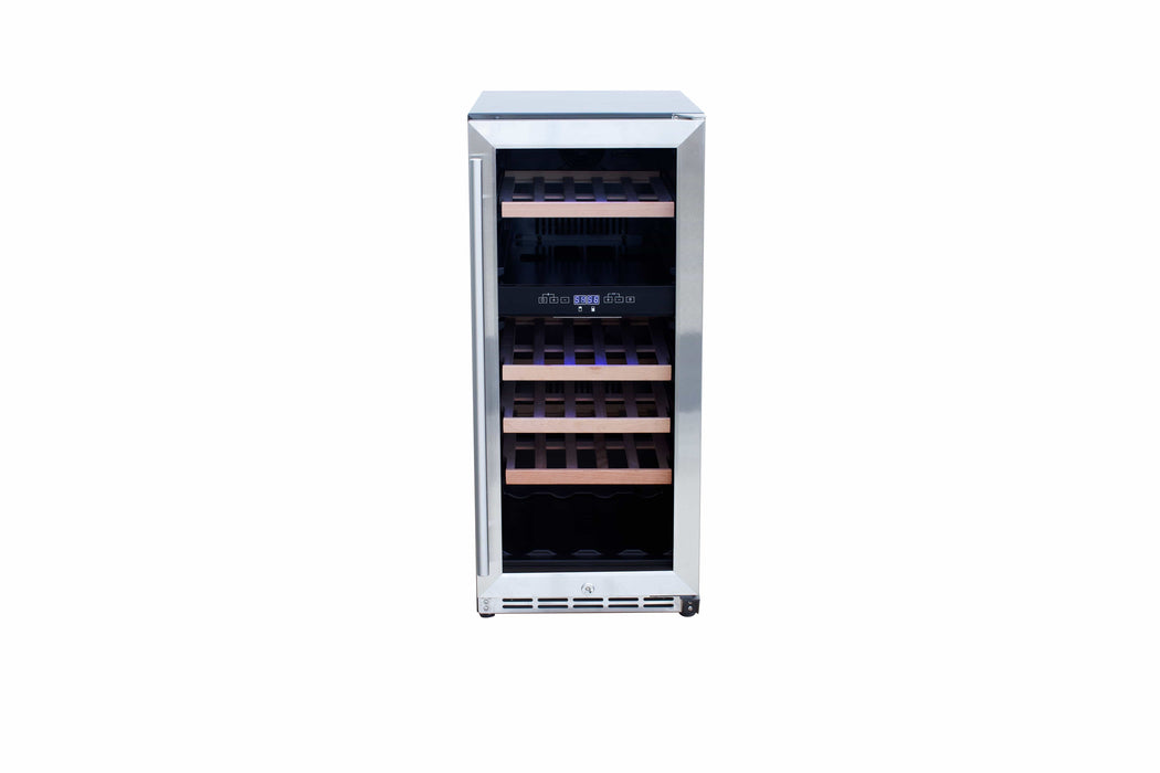 A compact stainless steel wine cooler with shelves, a digital temperature display, and soft interior lighting.