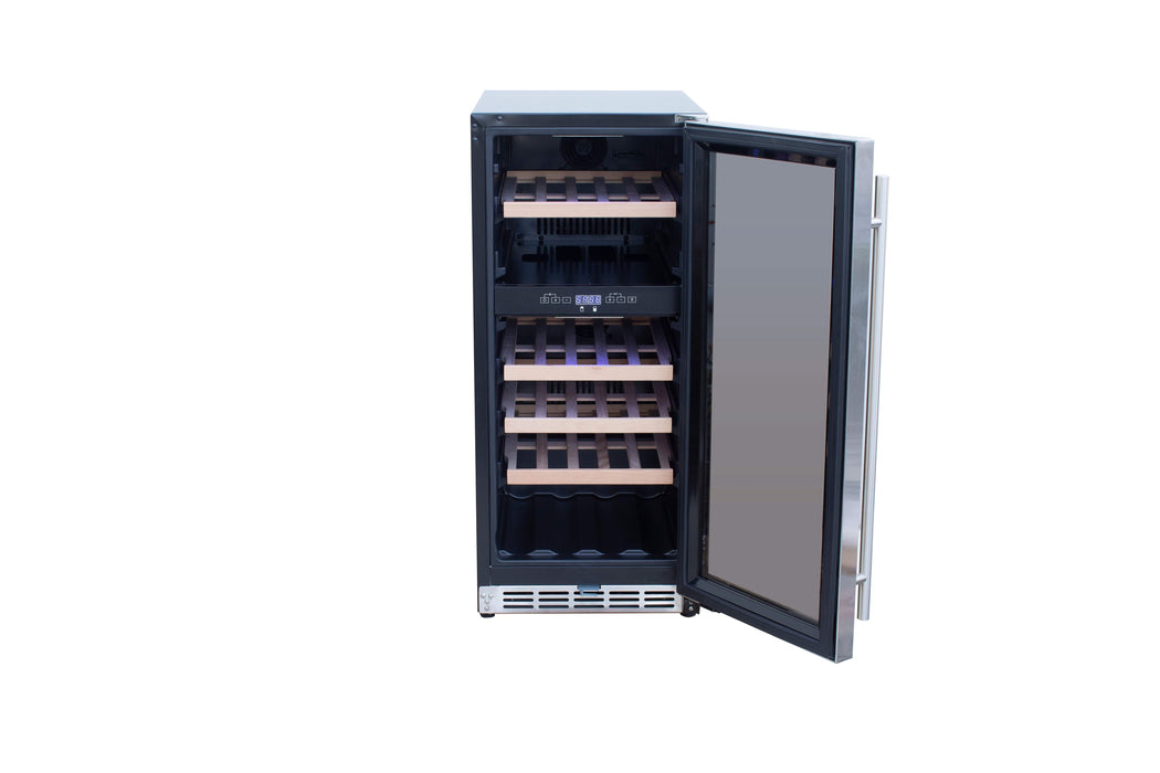 A stainless steel wine cooler with a glass door open, revealing shelves, a digital display, and interior lighting.