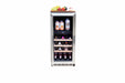 A stainless steel beverage cooler with cans and bottles on wooden shelves, a digital display, and a fruit platter on top.