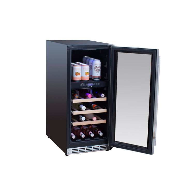 A black and stainless steel beverage cooler with a glass door open, displaying shelves stocked with cans and bottles.