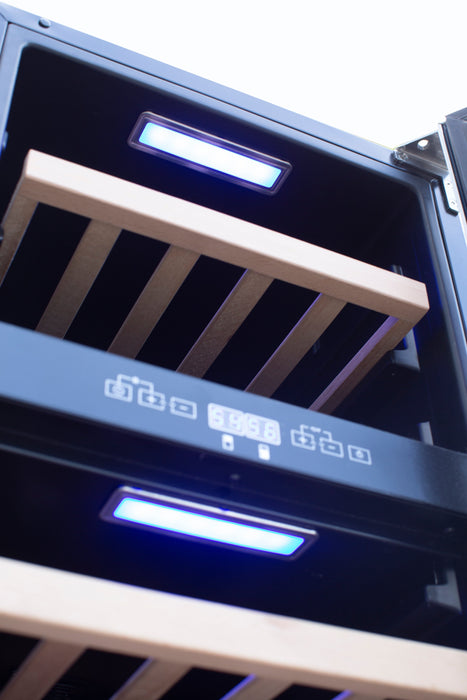 Close-up of a cooler's interior showing shelves, a digital control panel, and soft blue LED lighting.