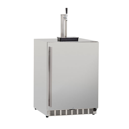 A stainless steel beverage dispenser with a single tap, side handle, and vented base, designed with a sleek and modern appearance.