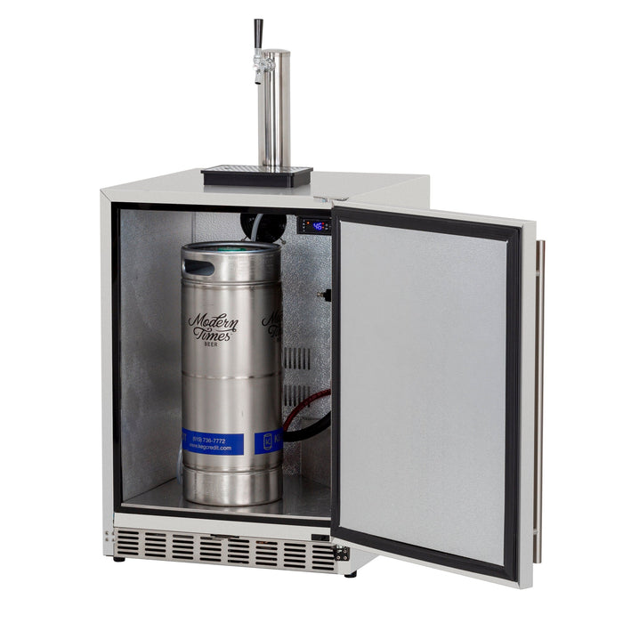 A stainless steel beverage dispenser with the door open, revealing an interior keg and tap system, along with cooling components.