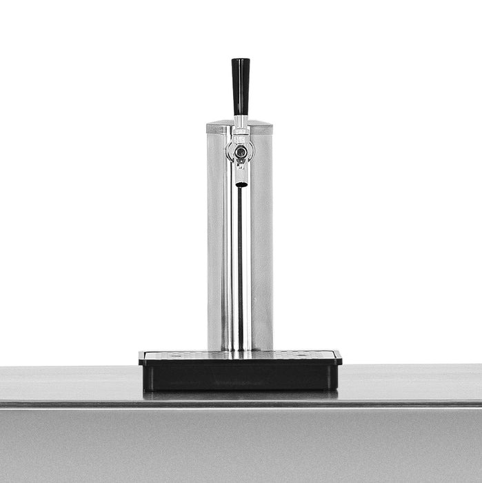 Close-up of a stainless steel beverage dispenser tap with a black handle and a drip tray, mounted on a sleek metallic surface.