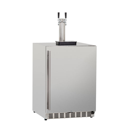 A stainless steel beverage dispenser with dual taps, a sleek side handle, and a vented base, designed for modern kitchen setups.