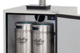 Close-up of an open beverage dispenser revealing two kegs, cooling components, a digital temperature display, and a drip tray on top.