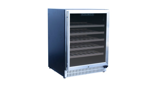 A compact stainless steel under-counter cooler with a glass door, empty shelves, and a side handle for easy access.