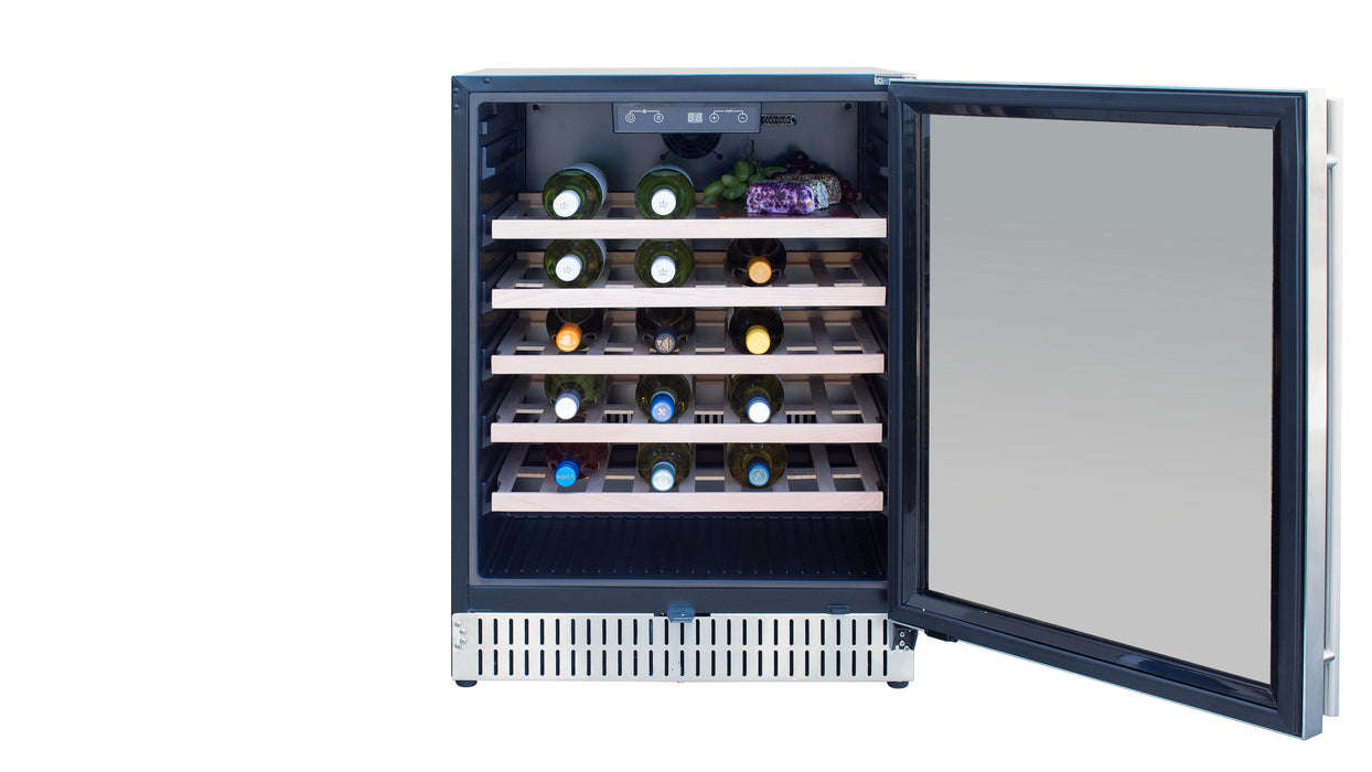 A stainless steel under-counter cooler with a glass door open, shelves holding wine bottles, and a digital control panel.